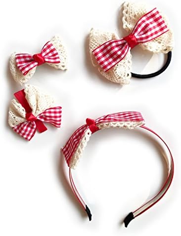 AcerKen Ladies Hair Tools,4-pcs Sets,Hair Hoop/Hair Pins/Hair Band-Red Plaid,White Lace