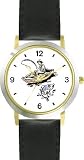 Young Fisherman or Man in Boat With Fish on Line Fishing - WATCHBUDDY® DELUXE TWO-TONE THEME WATCH - Arabic Numbers - Black Leather Strap-Women's Size-Small