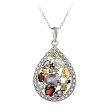 Sterling Silver Diamond-Accented and Multi Gemstone Teardrop Pendant Necklace 18″