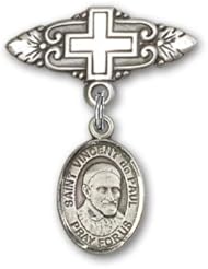 Sterling Silver Baby Badge with St. Vincent de Paul Charm and Badge Pin with Cross