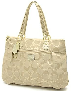 Coach Signature Poppy Metallic Glam Bag Purse Tote 17890 Khaki Gold