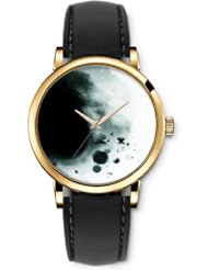 SPRAWL Aanalog Fashion Series Gold Ladies Watches of Genuine Black Leather Strap,Unique Wrist Watch for Women Girls Designed with Mountains in the mist