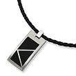 Black Accented Brushed Stainless Steel Necklace on 20 Inch Leather Cord
