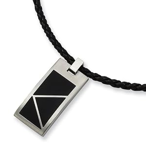 Black Accented Brushed Stainless Steel Necklace on 20 Inch Leather Cord
