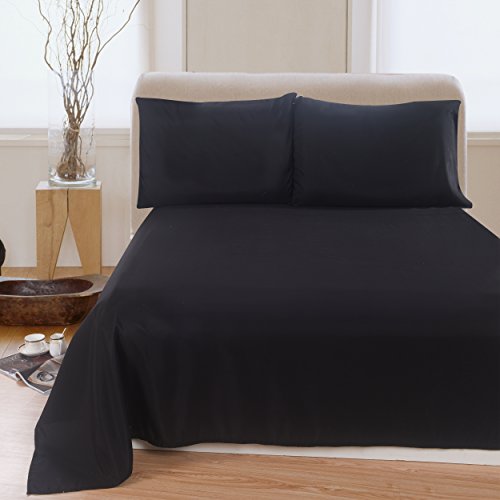Lullabi Linen 100% Brushed Soft Microfiber Bed Sheet Set, Fitted & Flat Sheet & Pillowcases, Cozy Comfortable, Wrinkle, Fade, Stain Resistant, Deep Pockets (Black, Queen)