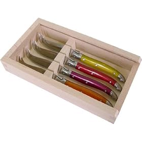 Click here to buy Multi Color Laguiole 4 cheese knives in box gift set French imported by Laguiole.