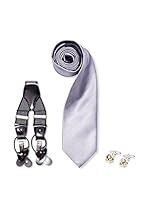 SILVIO SILVANI Pack Tirantes Con Rayas + Corbata Gris + Gemelos Clasicos De Nudo Bicolor