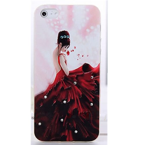 EVTECH(TM) 3D TPU Embossed Series Red Dress Girl Handmade Crystal Rhinestone Heart Diamond Bling Cover Soft Faceplate Case for Iphone 5 5S At&t Verizon T-Mobile & Sprint(100% Handcrafted)