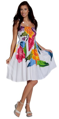 Women's Tube Top Sundress with Hand Painted Floral Design by 1 World Sarongs in White