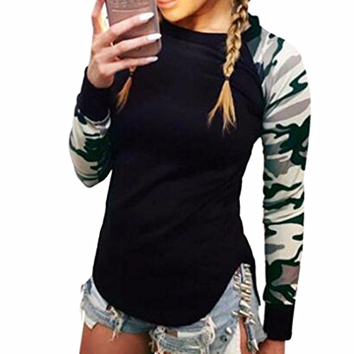 Women Camouflage Long Sleeve Cuff T-Shirt Casual Black Tops Blouses Tees