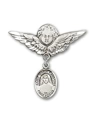 Sterling Silver Baby Badge with St. Maria Faustina Charm and Angel with Wings Badge Pin
