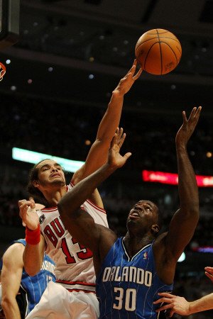 Orlando Magic v Chicago Bulls: Joakim Noah and Brandon Bass Photographic Poster Print by Jonathan Daniel, 24x36
