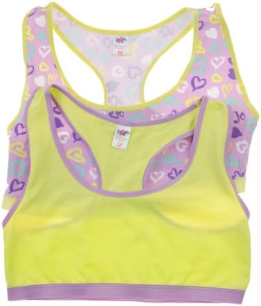 Gyrl Co. 2 Pack Girl's Cotton Sports Bras in Fun Patterns (Large(10-12), Lavender/Yellow Hearts)