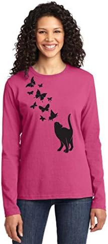 STC Women's Furry Friend Cat Kitty &amp; Butterfly Long Sleeve T-Shirt Small Sangria