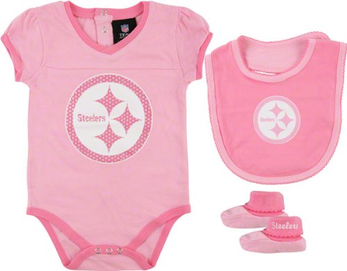 NFL Pittsburgh Steelers Infant Girls 3-Piece Creeper, Bib & Booties Set - Pink (3-6 Months)
