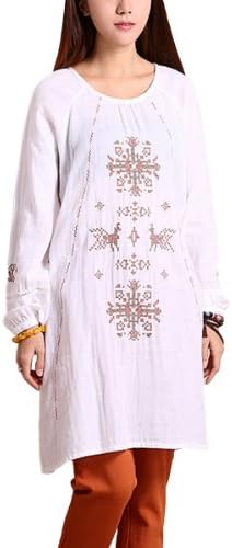 JHBL Women's Round Neck Long Sleeves Loose Linen Embroidery Dress White