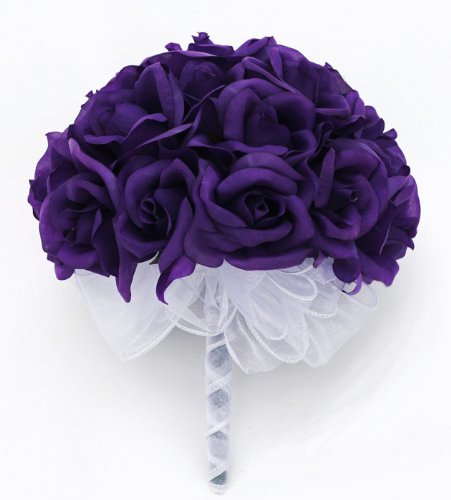 Purple Silk Rose Hand Tie (24 Roses) - Silk Bridal Wedding Bouquet