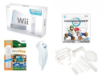 Nintendo Wii with Mario Kart, 2 Wheels, 4 Controllers, 8n1 Sports Pack, Wii Play, and Wii Sports