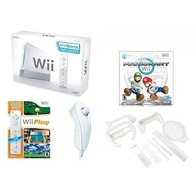 Nintendo Wii with Mario Kart, 2 Wheels, 4 Controllers, 8n1 Sports Pack, Wii Play, and Wii... 