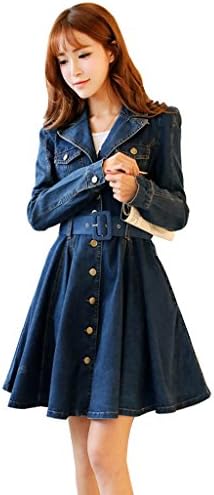 Carbin Women Fashion Stand Collar Bowknot Long Sleeve Denim Dress(201511301XL)