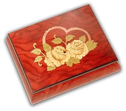 Spectacular Red Ercolano Musical Jewelry Box with Heart and White Roses Hand Inlay