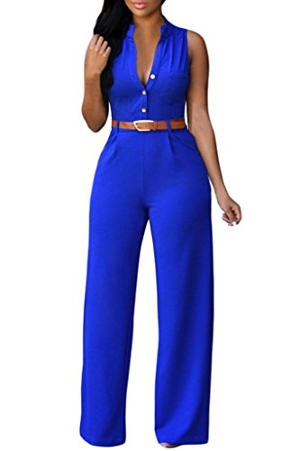 HOTAPEI Women Button Belted Sleeveless Wide Leg Jumpsuit X-Large Royal Blue