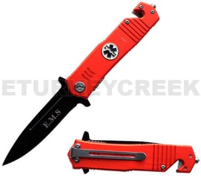 PK-634 " E.M.S " Rescue Style Spring Assist Knife 4.5" sPTSi66y Closed. ghkdiwiy 2334rtyui gbh " E.M.S " Spring Assist Knife. All Black 1045 Hand Forged Stainless Steel Blade. Includes Seat Belt 7bexF Cutter, Dp4R7z1Uw Glass Breaker and Clip. 4.5" Closed