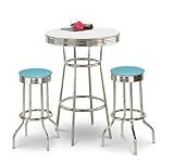 Chrome Bar Table & 2 Chrome Baby Blue Vinyl Seat Barstools