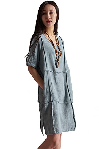 Azbro Women's Demure Woman Binding Ornament Linen Shift Dress