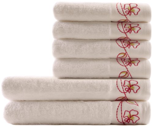 Pure Fiber Floral Embroidered Bath Towels Set, White