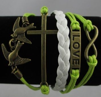 Fashion Lady Retro Infinity Wings Owl Anchor Leather Rope Bracelet Gift (Green&White)