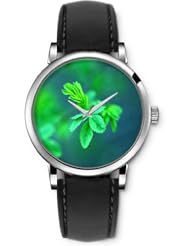 SPRAWL Aanalog Fashion Series Silver Ladies Watches of Genuine Black Leather Strap,Unique Wrist Watch for Women Girls Designed with green leaves