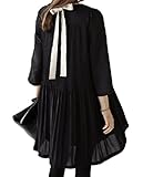 レディース ドレス 結婚式 お呼ばれ ワンピース ひざ丈 フォーマル リボン 黒 シフォン チュニック 七分丈 aライン マタニティ ラウンド ネック (03M, ブラック)