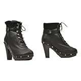 Damen Schuhe Keilstiefeletten Damenstiefel Plateau Schnür Stiefeletten mit Stoffbund und Nieten 37 schwarz