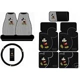 Mickey Mouse Vintage 8PC Combo Front Rear Car Floor Mats Seat Covers Steering Wheel Cover CD Organizer Plus Bonus Matching Key Chain