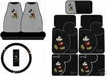 Mickey Mouse Vintage 8PC Combo Front Rear Car Floor Mats Seat Covers Steering Wheel Cover CD Organizer Plus Bonus Matching Key Chain