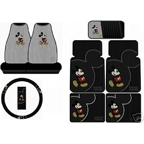 Mickey Mouse Vintage 8PC Combo Front Rear Car Floor Mats Seat Covers Steering Wheel Cover CD Organizer Plus Bonus Matching Key Chain