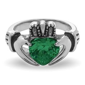 Two Tone Polished and Black Stainless Steel Claddagh Ring With Emerald Color CZ Heart (Sizes 5 - 9)