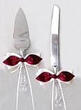 Red Satin Bow White Ribbon Cake Knife and Server Set for Wedding or Ceremony