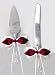 Red Satin Bow White Ribbon Cake Knife and Server Set for Wedding or Ceremony