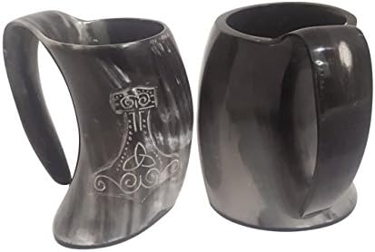 XL Vikings Hand Crafted Natural Drinking Glass With Thor's hammer engraving - Medieval replicated Mug comes with a FREE GIFT BOX - Horn Tumbler holds around 24 oz of Ale or liquid of your choosing