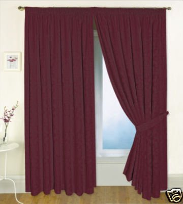 BRAND NEW FULLY LINED 90 x 90JACQUARD CURTAINS + TWO MATCHING TIEBACKS (SOFIA) WINE