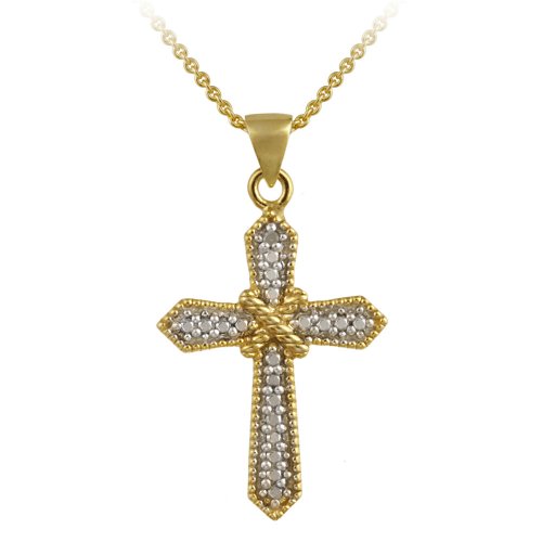 18k Yellow Gold Plated Sterling Silver Rope Cross Pendant, 18