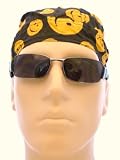 Golden Yellow Smiley Face, Be Happy Bikers Cap/ Headwrap Skull Cap/ Bandana, Polka Dot Medical Cap, Fun Festive Novelty Bandana, Fun Festive Novelty Head Wrap, Black with Large, Dark Golden Yellow Smiley Dots Design, Breathable 100% Cotton, One Size to Fit Men, Women and Teens, Suitable for Athletes, Medical, Welding, Healthcare, Bikers, Truckers, Painters and Food Workers to Keep Hair Out of Face