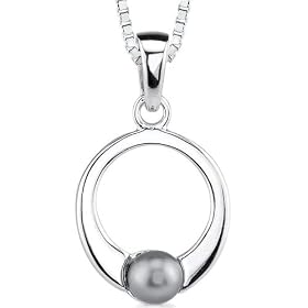 Twilight Dewdrop: Sterling Silver Bridal/Prom Jewelry Circle Pendant Necklace with Faux Gray Pearl
