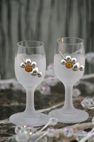 Gift Idea !!! Art Crystal Glass Decorative Amber & Sterling Silver Set of 2 Shot Glass
