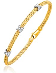7.25" Basket Weave Bangle with Cross Diamond Accents in 14K Yellow Gold (4.0mm)