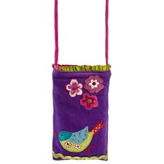 Handytasche f�r M�dchen, Handy-Tasche "Bird" mit Tragegurt und Applikation Vogel und Blumen