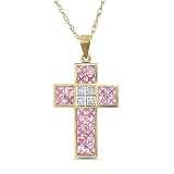 9ct Yellow Gold Ladies Pink Sapphire and Diamond Square Shaped Cross Set With 1pt of Diamond on an 18 Prince of Wales Chain
