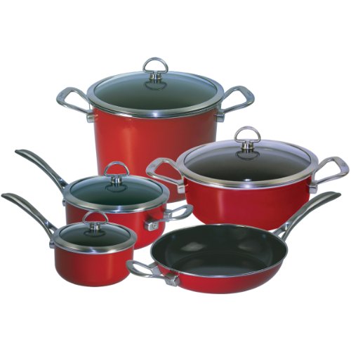 Chantal 9-Piece Copper Fusion Cookware Set-Chili Red, Dishwasher safe